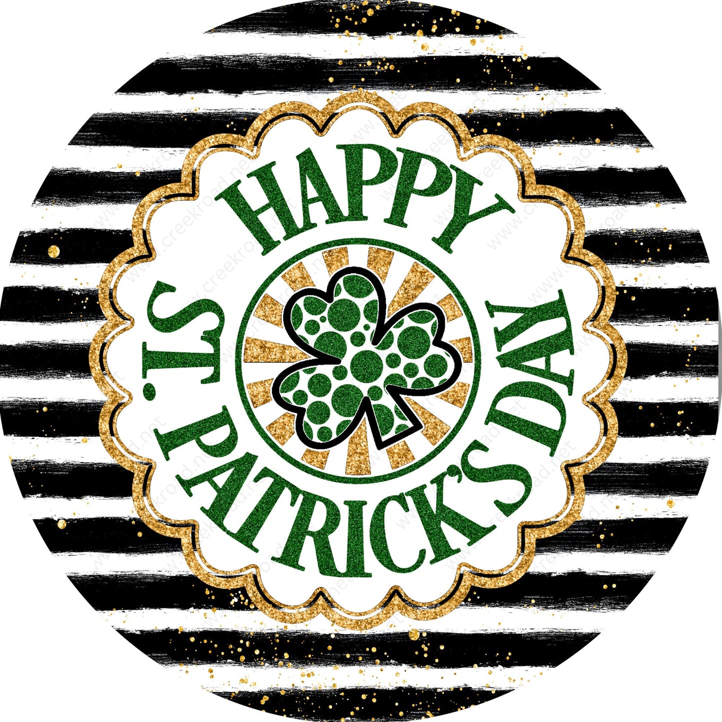 Happy St. Patrick's Day Black White Gold Scallop Border Wreath Sign-Sublimation-Attachment-Decor