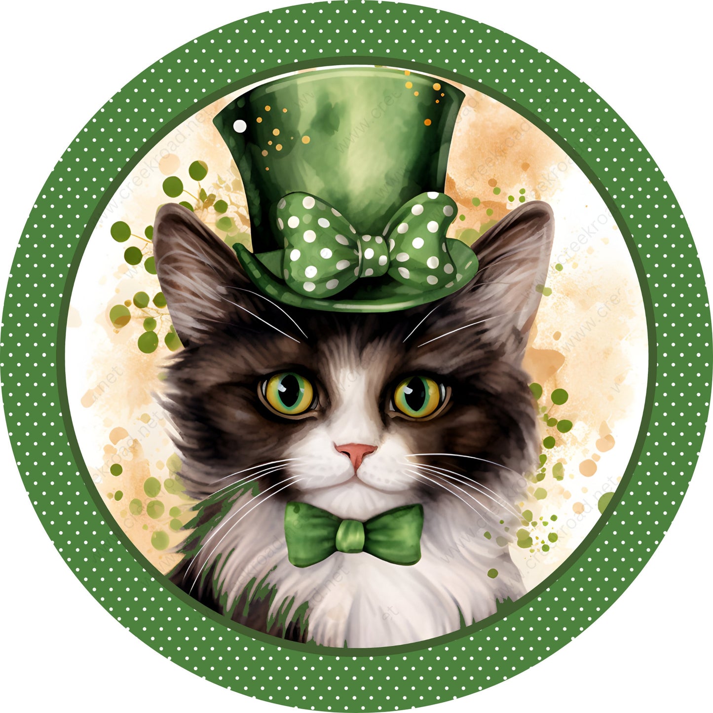 St. Patrick's Day Cat in Top Hat Swiss Dot Border Wreath Sign-Sublimation-Attachment-Decor