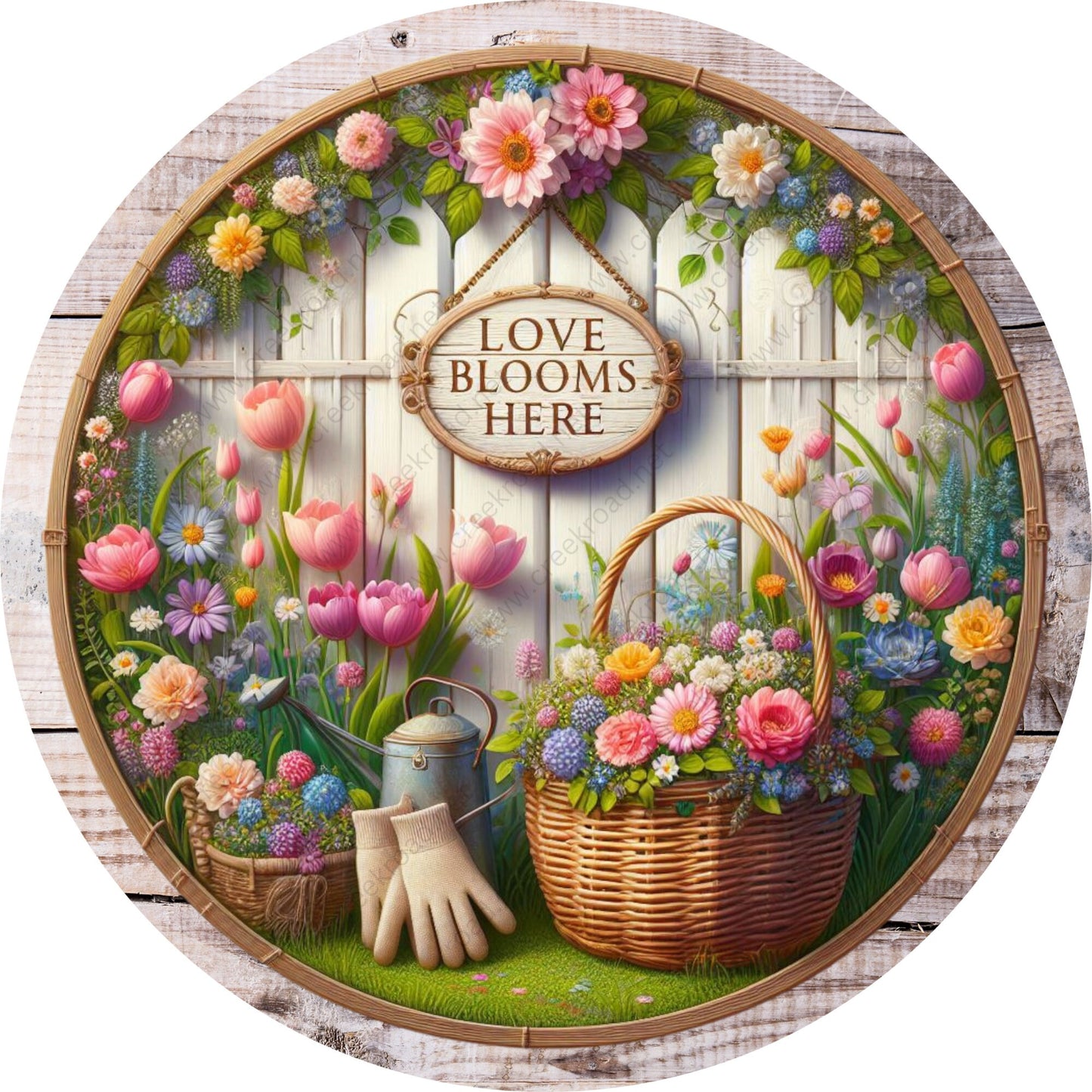 Love Blooms Here Spring Flower Garden Wreath Sign-Round-Sublimation-Decor-attachment