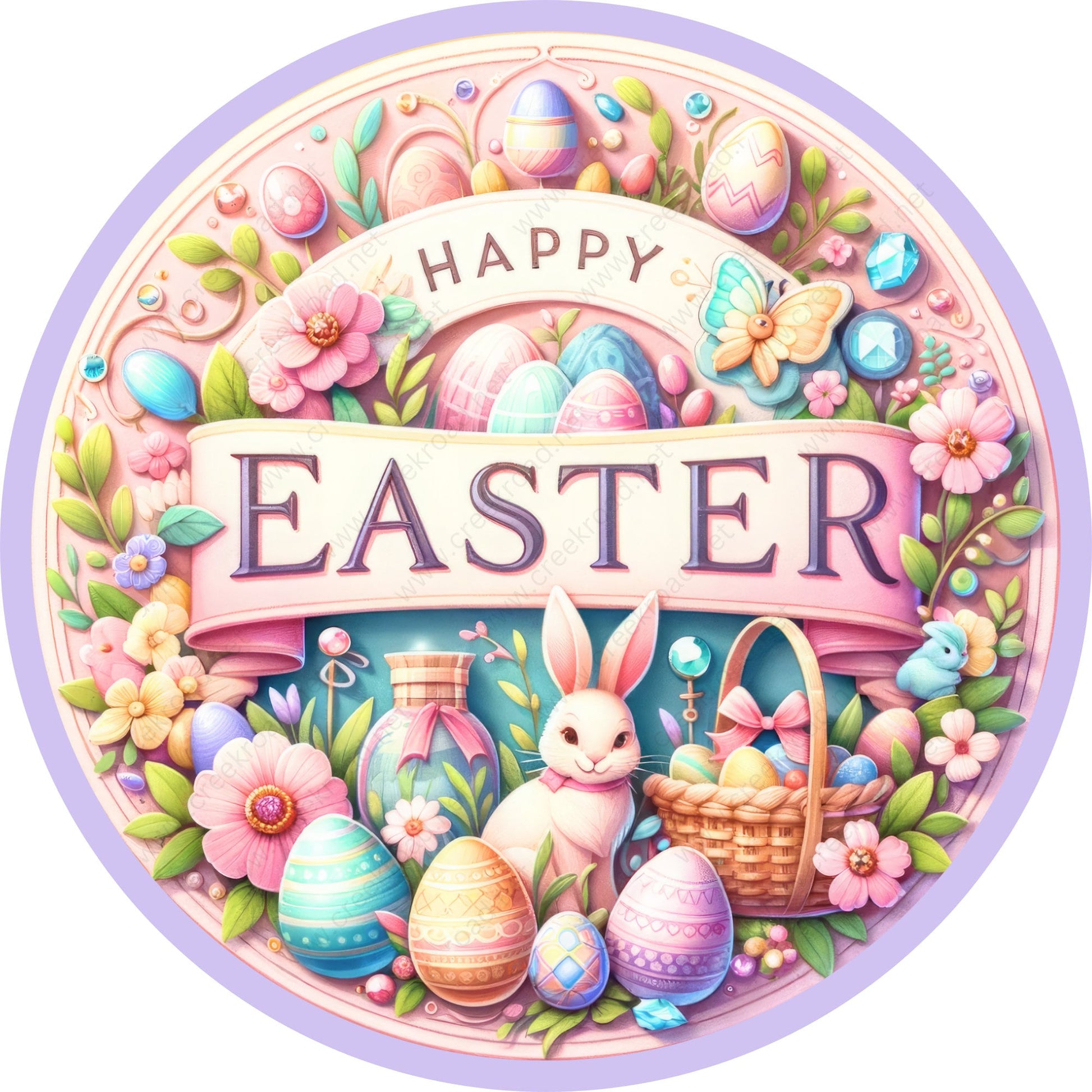 Happy Easter Bunny Eggs Lavender Border Wreath Sign-Sublimation-Easter-Attachment-Decor-Easter