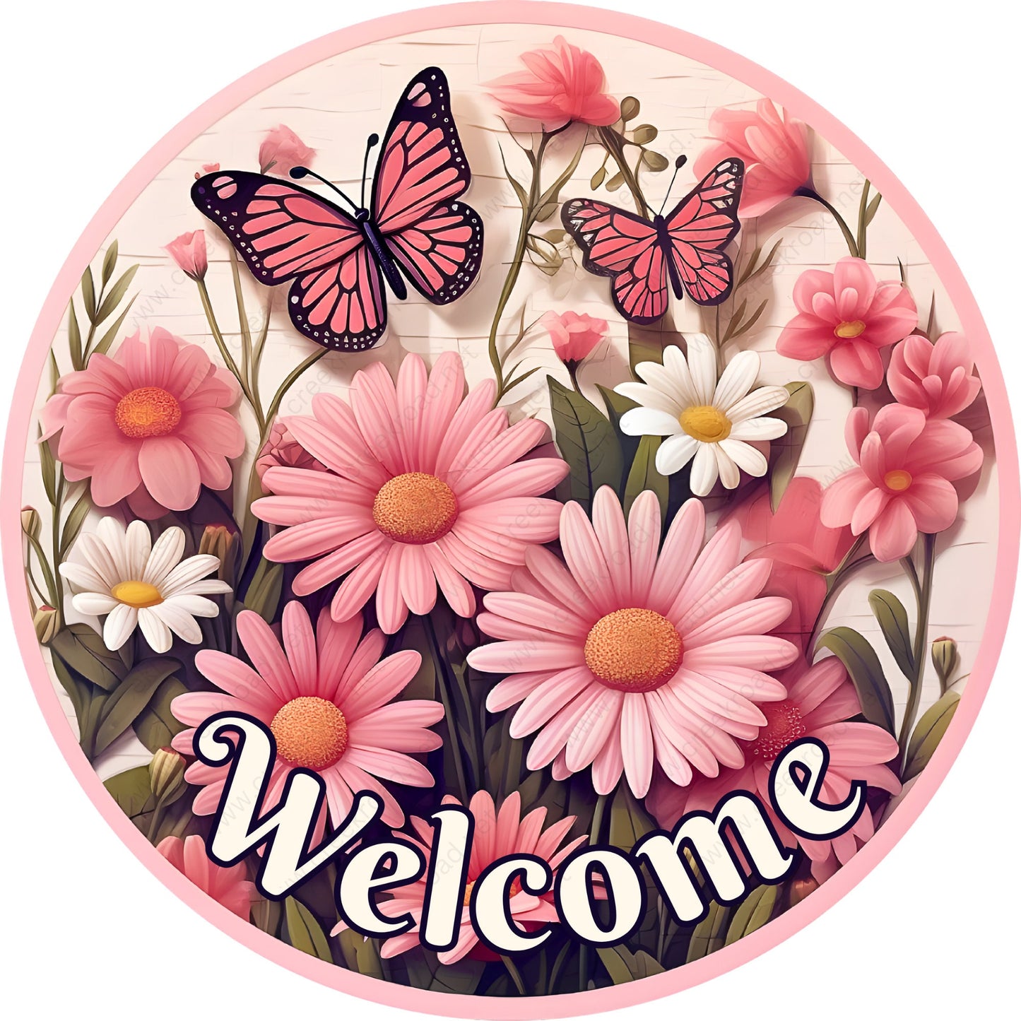 Welcome Pink White Daisy Butterfly Wreath Sign-Sublimation-Spring-Attachment-Decor