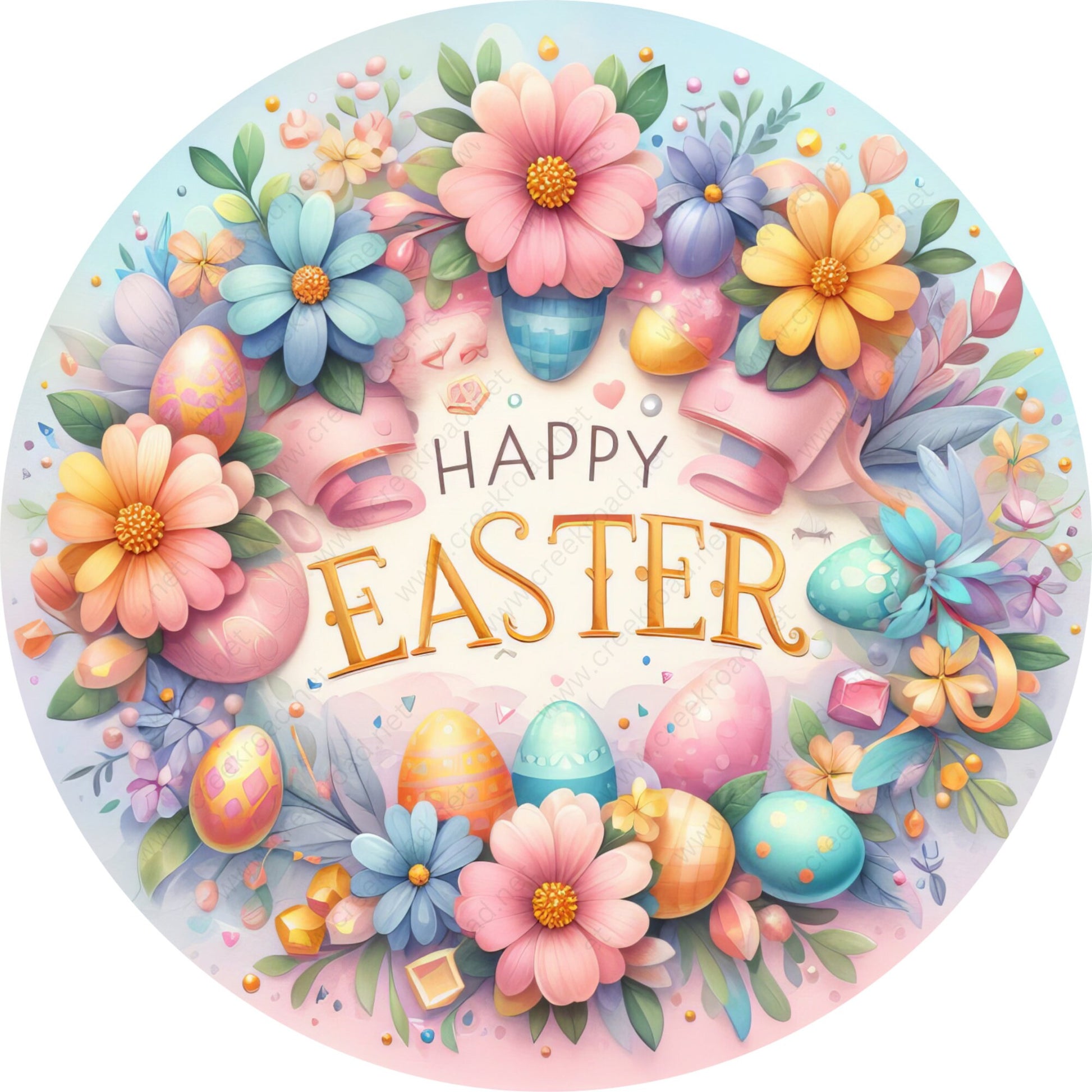 Happy Easter Flowers Eggs Wreath Sign-Sublimation-Easter-Attachment-Decor-Easter