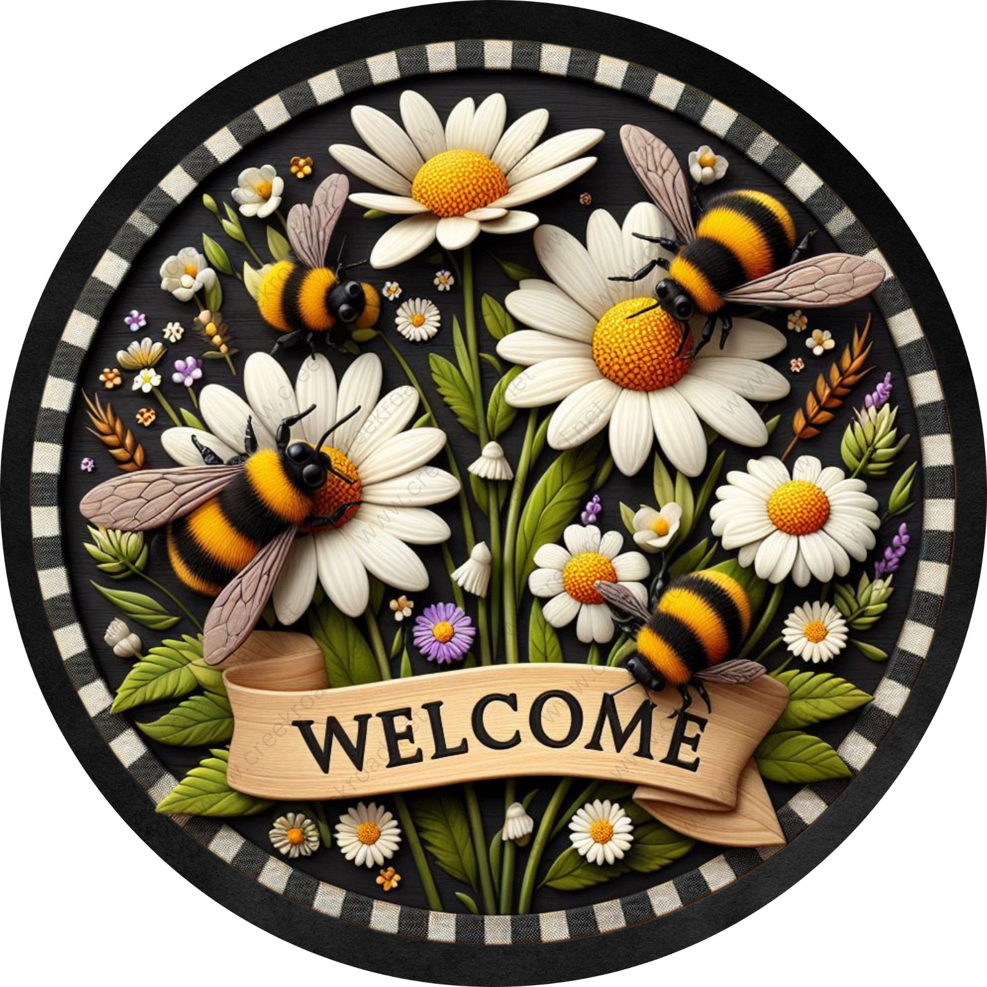 Welcome Bee Daisy Wreath Sign-Round-Sublimation-Spring-Decor