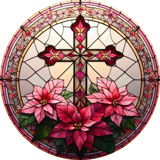 Easter Cross with Pink Poinsettia Flowers Wreath Sign-Sublimation-Spring-Easter-Attachment-Decor