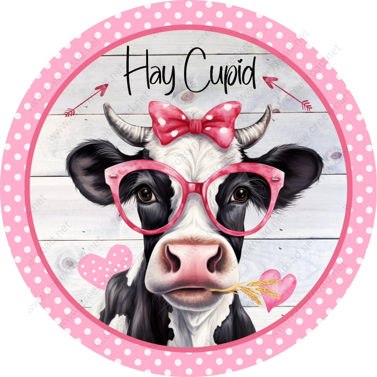 Hay Cupid Farm Cow Pink White Polka Dot Border Wreath Sign-Aluminum-Valentines-Decor