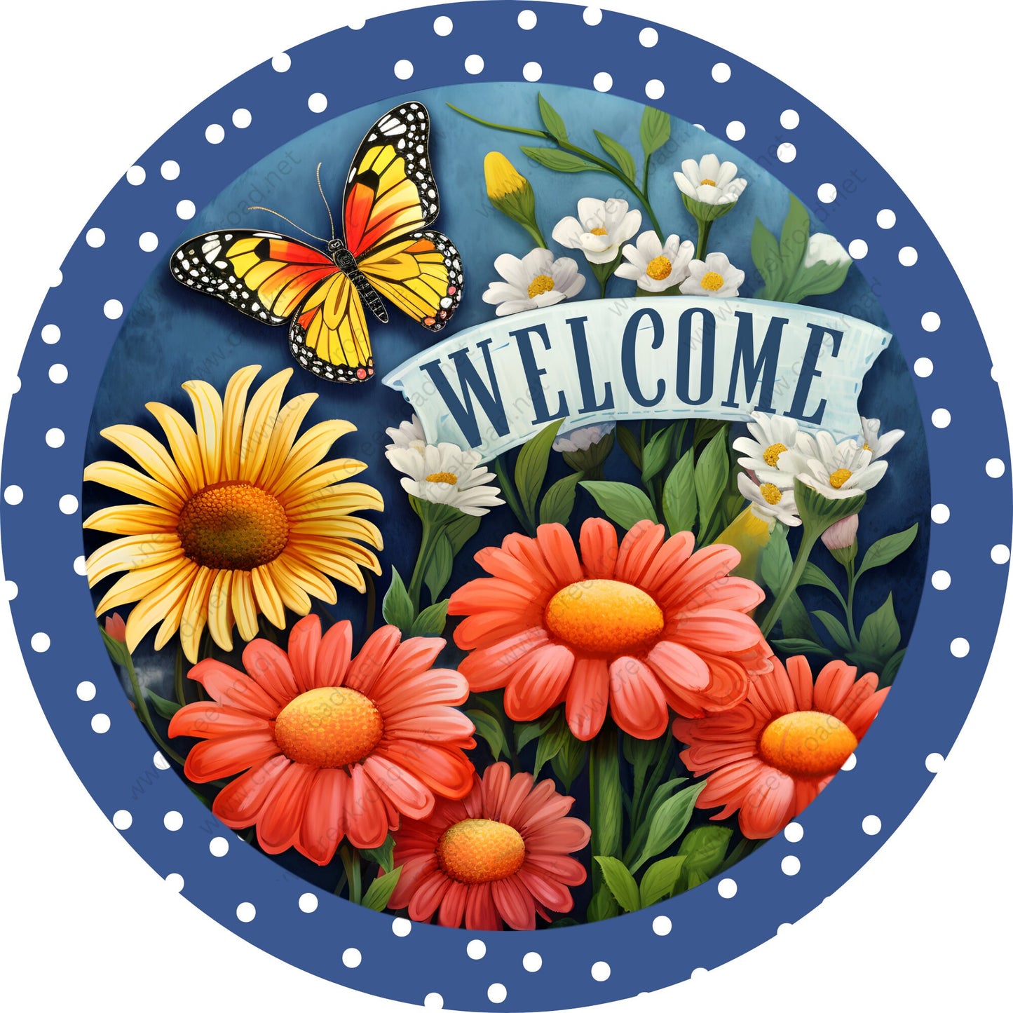 Welcome Spring Flowers Butterfly Blue White Polka Dot Border Wreath Sign-Round-Sublimation-Spring-Decor