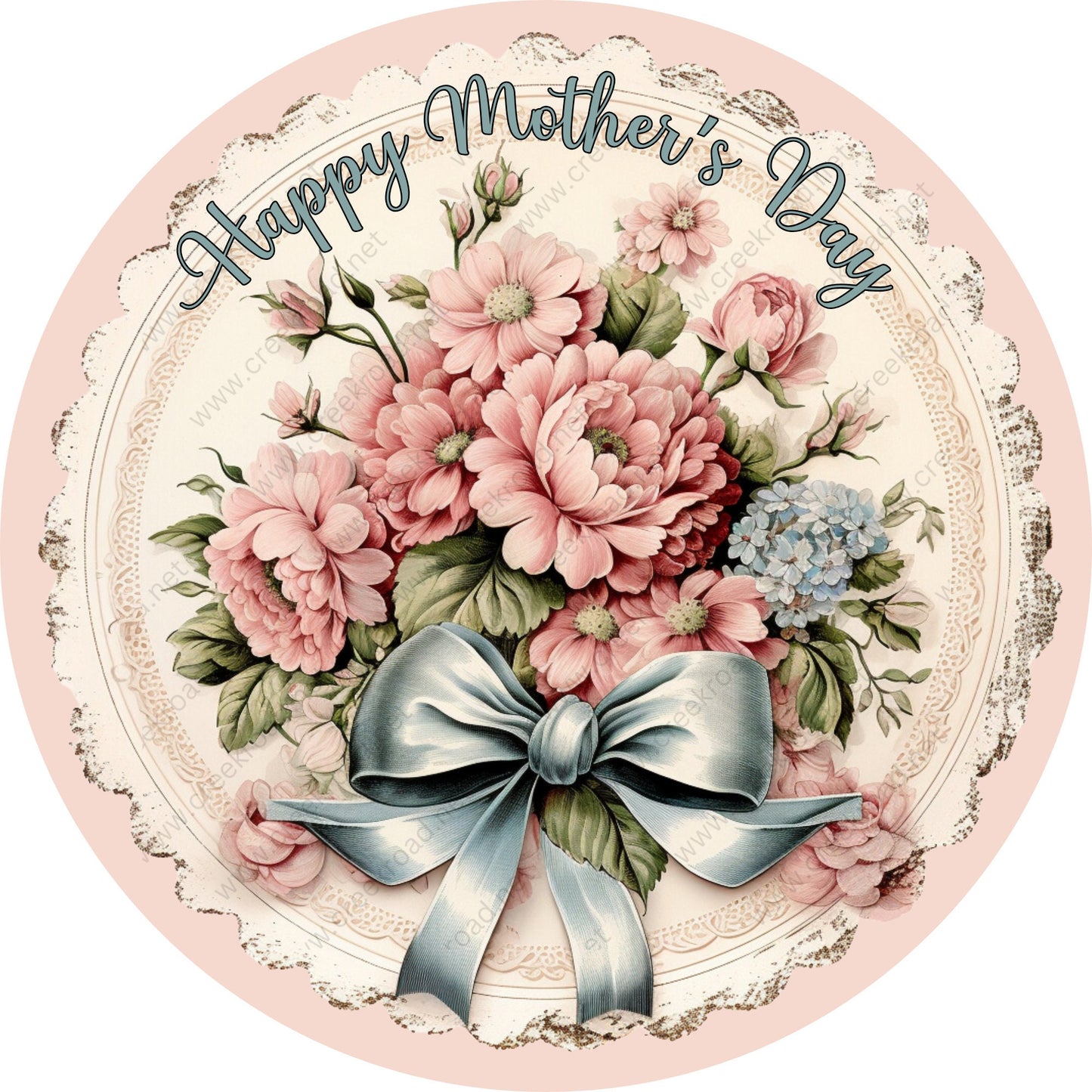 Happy Mother's Day Pink Flowers Bow Scalloped Border Wreath Sign-Round-Sublimation-Spring-Decor