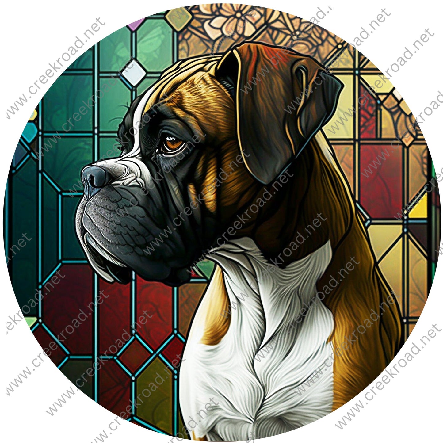 Beautiful Brown & White Boxer Faux Stained Glass Wreath Sign-Dog-Pets-Everyday-Wreath Sign-Sublimation-Attachment