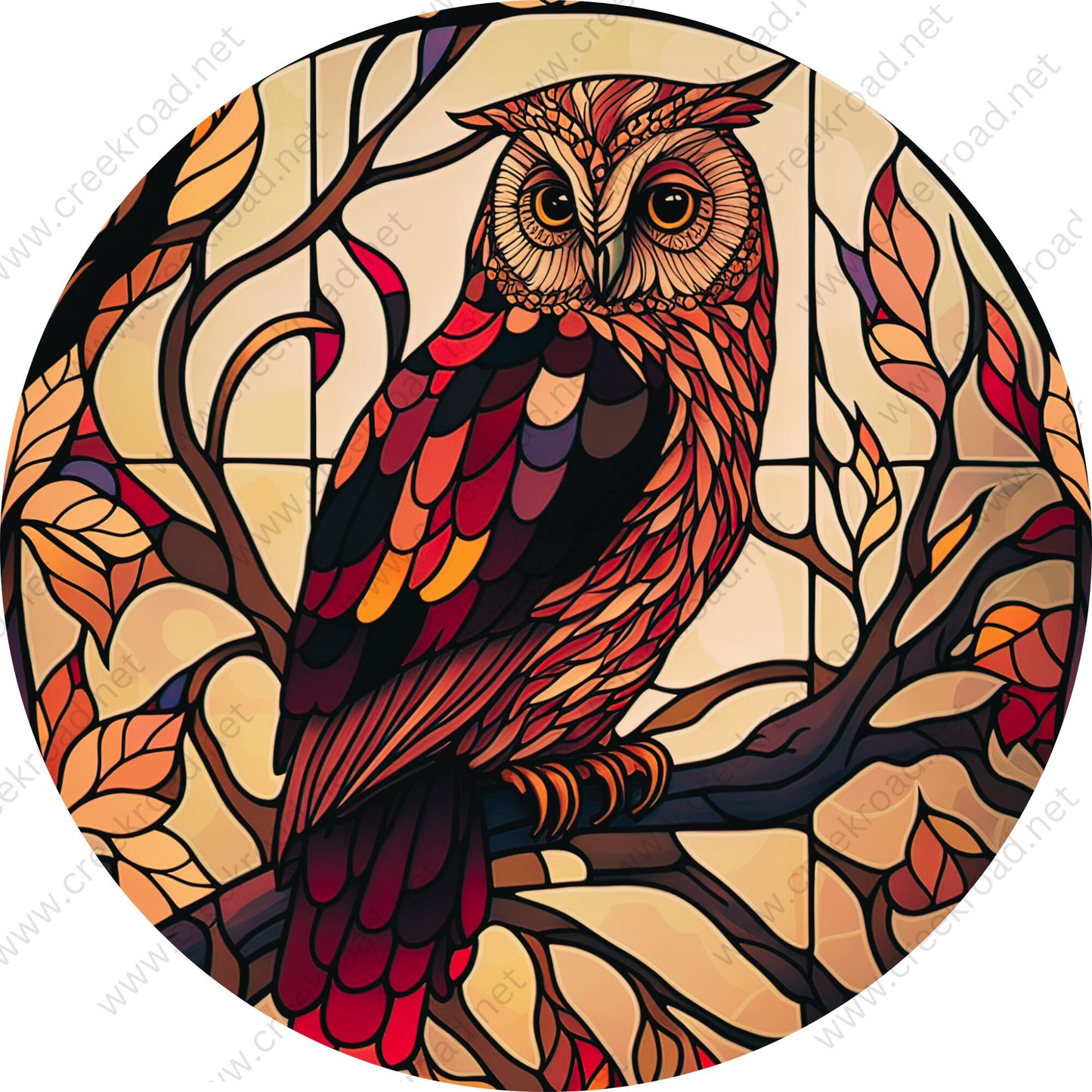 Colorful Owl Perched on Tree Branch Faux Stained Glass-Everyday-Wreath Sign-Sublimation-Attachment-Decor