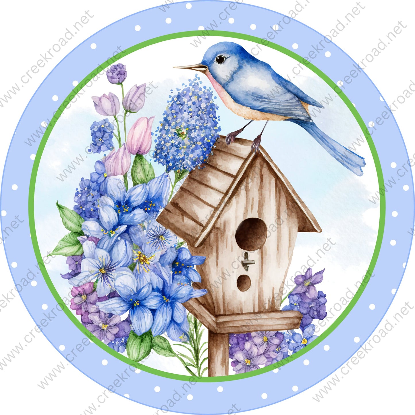 Blue Bird Sits on Bird House with Blue Purple Florals White Polka Dots Wreath Sign-Sublimation-Spring-Metal Sign