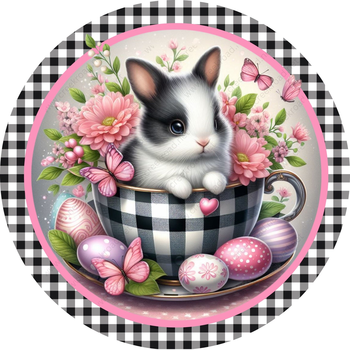 Easter Bunny In Teacup Black White Checkered Eggs Wreath Sign-Sublimation-Easter-Attachment-Decor-Easter