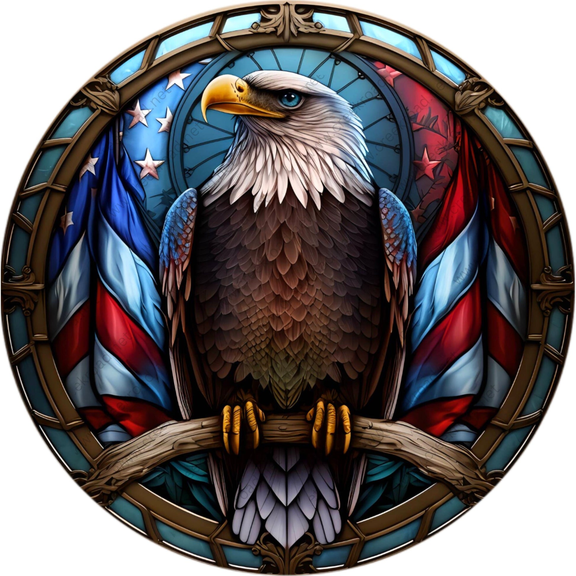 Perched American Eagle American Flag Patriotic Wreath Sign-Round-Sublimation-Aluminum-Attachment-Decor