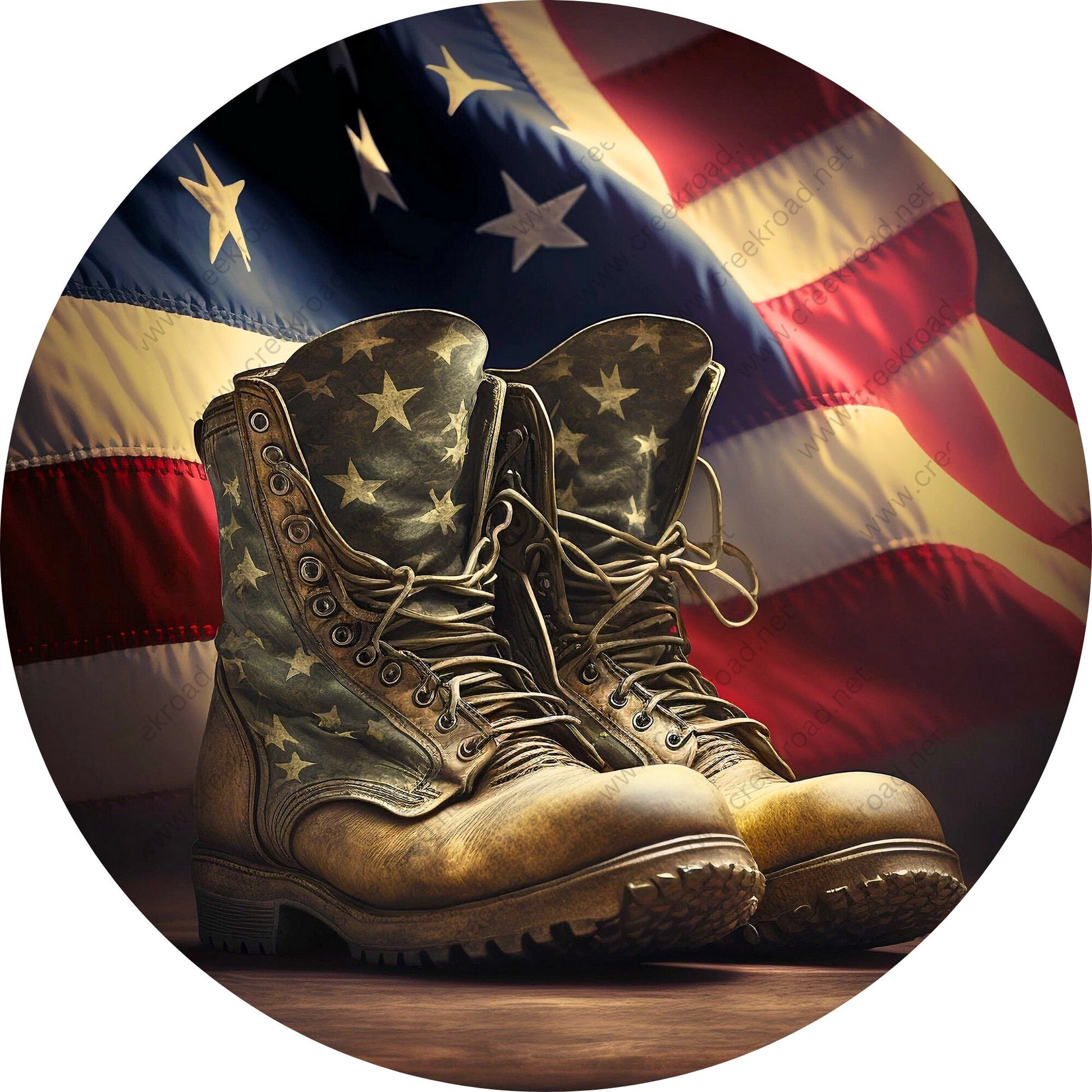 Military Boots American Flag Patriotic Wreath Sign-Round-Sublimation-Aluminum-Attachment-Decor