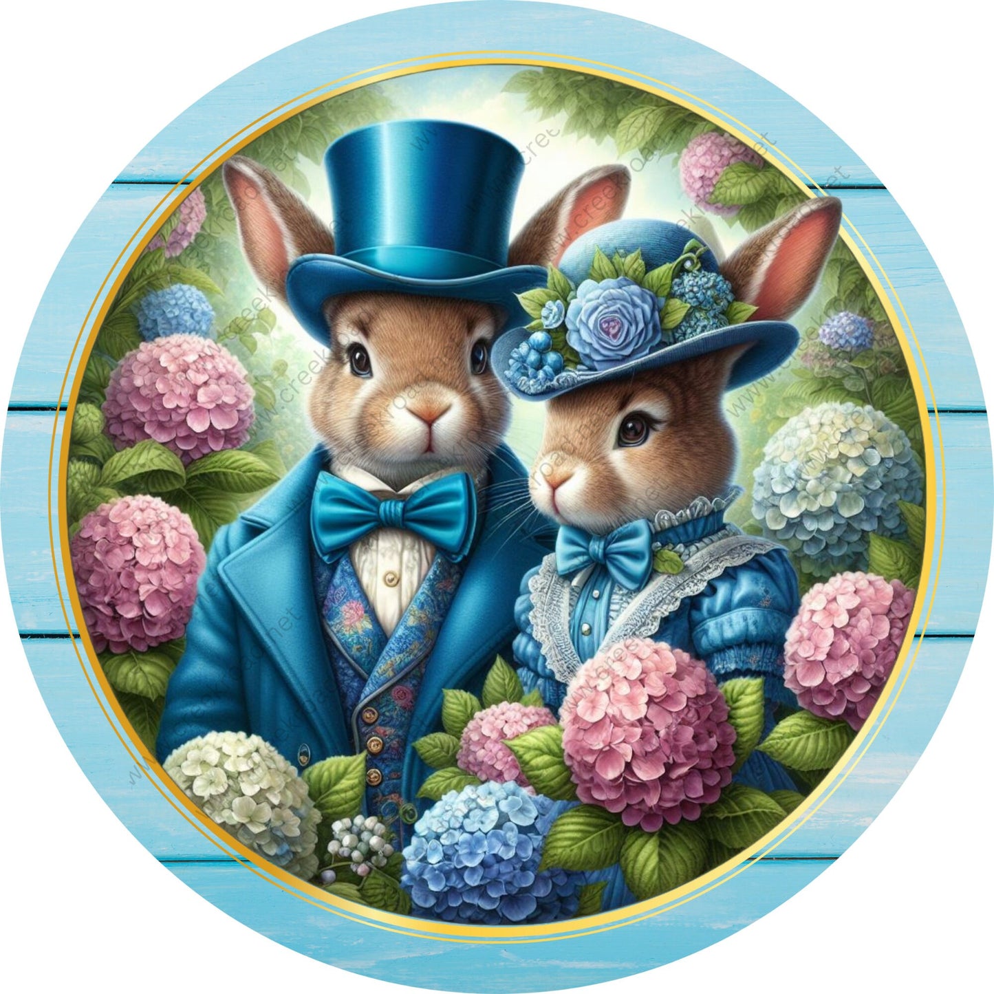 Vintage Rabbit Couple Dressed in Blue Wreath Sign-Sublimation-Attachment-Decor