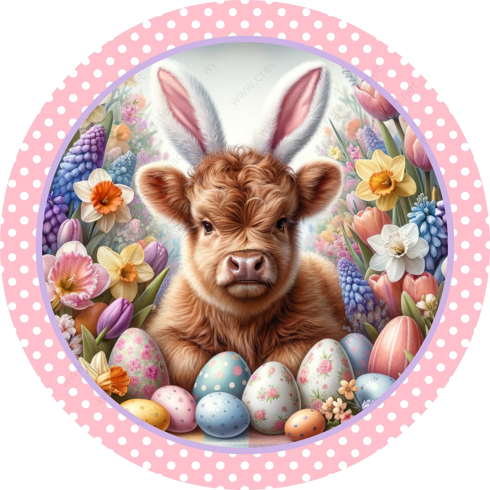 Easter Highland Cow with Bunny Ears Eggs Polka Dot Border Wreath Sign-CHOOSE YOUR FINISH-Sublimation-Attachment-Decor