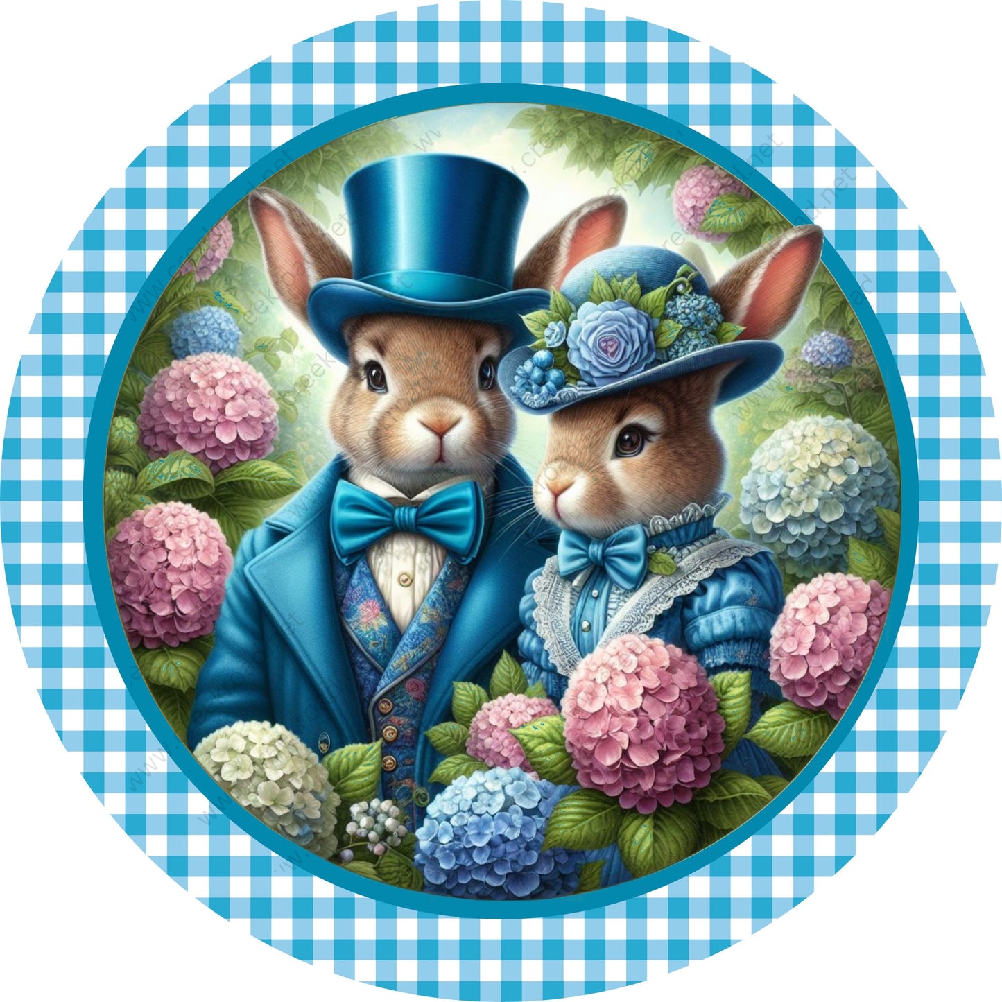 Vintage Rabbit Couple Dressed in Blue Outfits Checkered Border Wreath Sign-Sublimation-Attachment-Decor