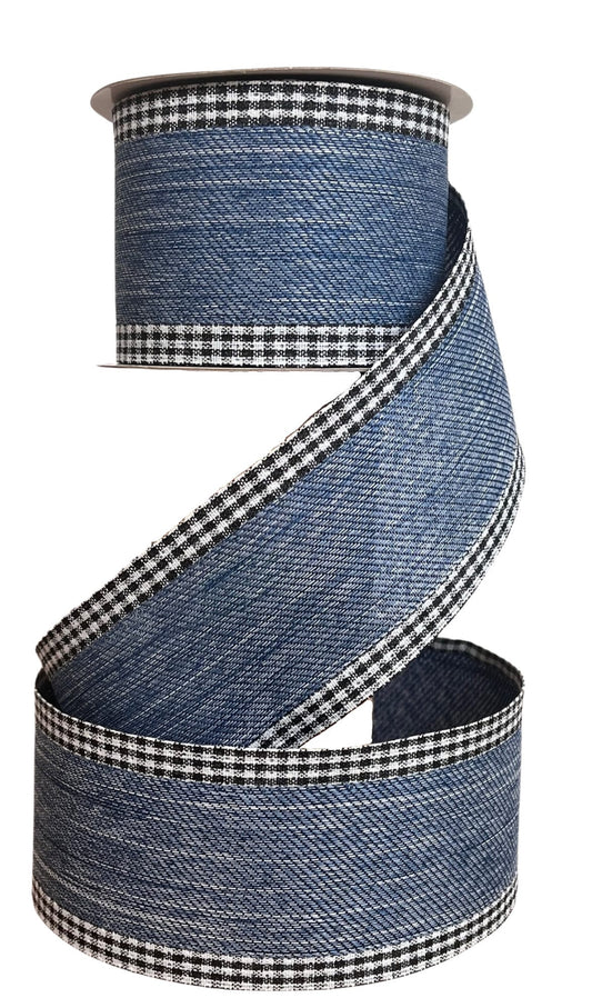 2.5" X 10Yd Wired Ribbon-Blue Jean Gingham Edge-RGA110141-Wreaths-Crafts-Decor-Everyday