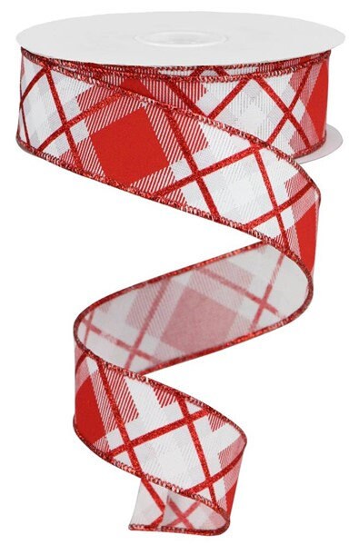 1.5" X 10Yd Wired-Glitter Plaid On Royal Red White-RGA1201F3-Seasonal-Valentines