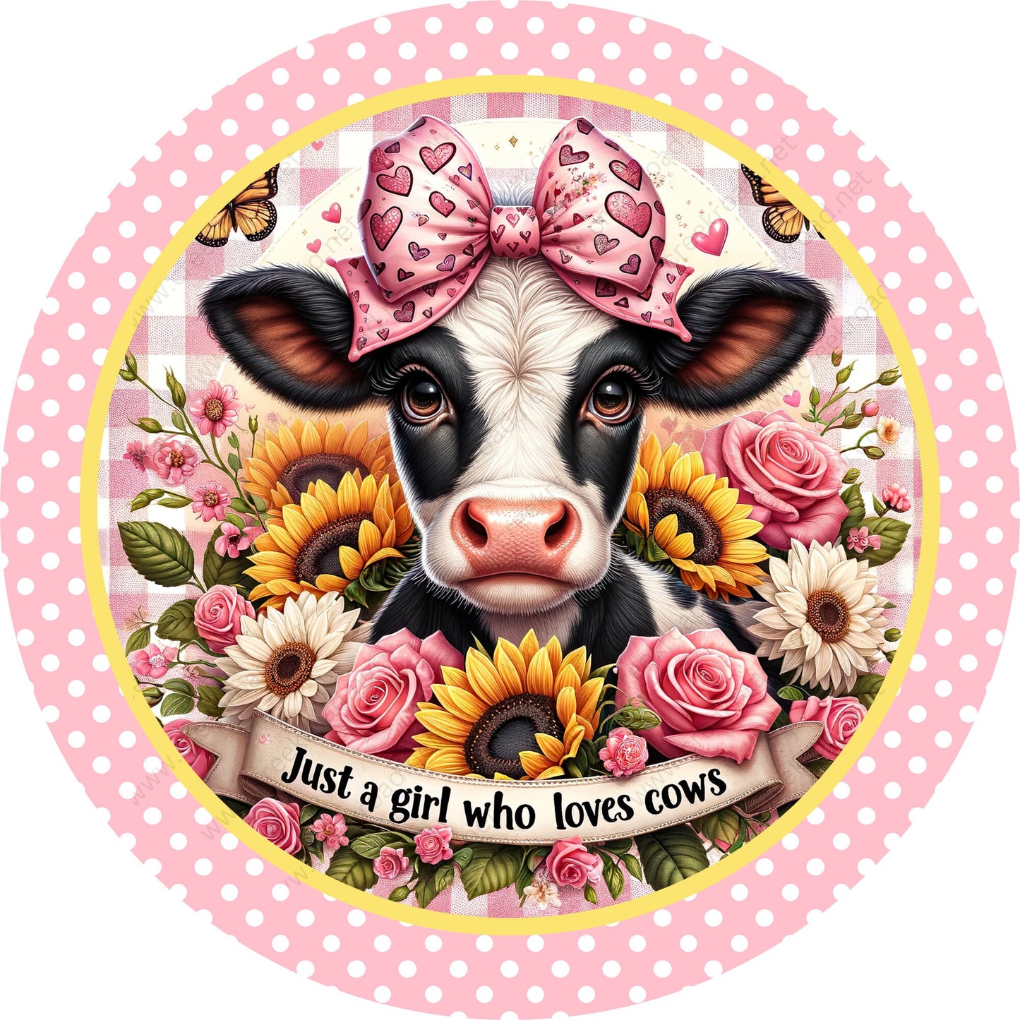 Just A Girl Who Loves Cows Pink Polka Dot Border Wreath Sign-Sublimation-Attachment-Farm-Decor