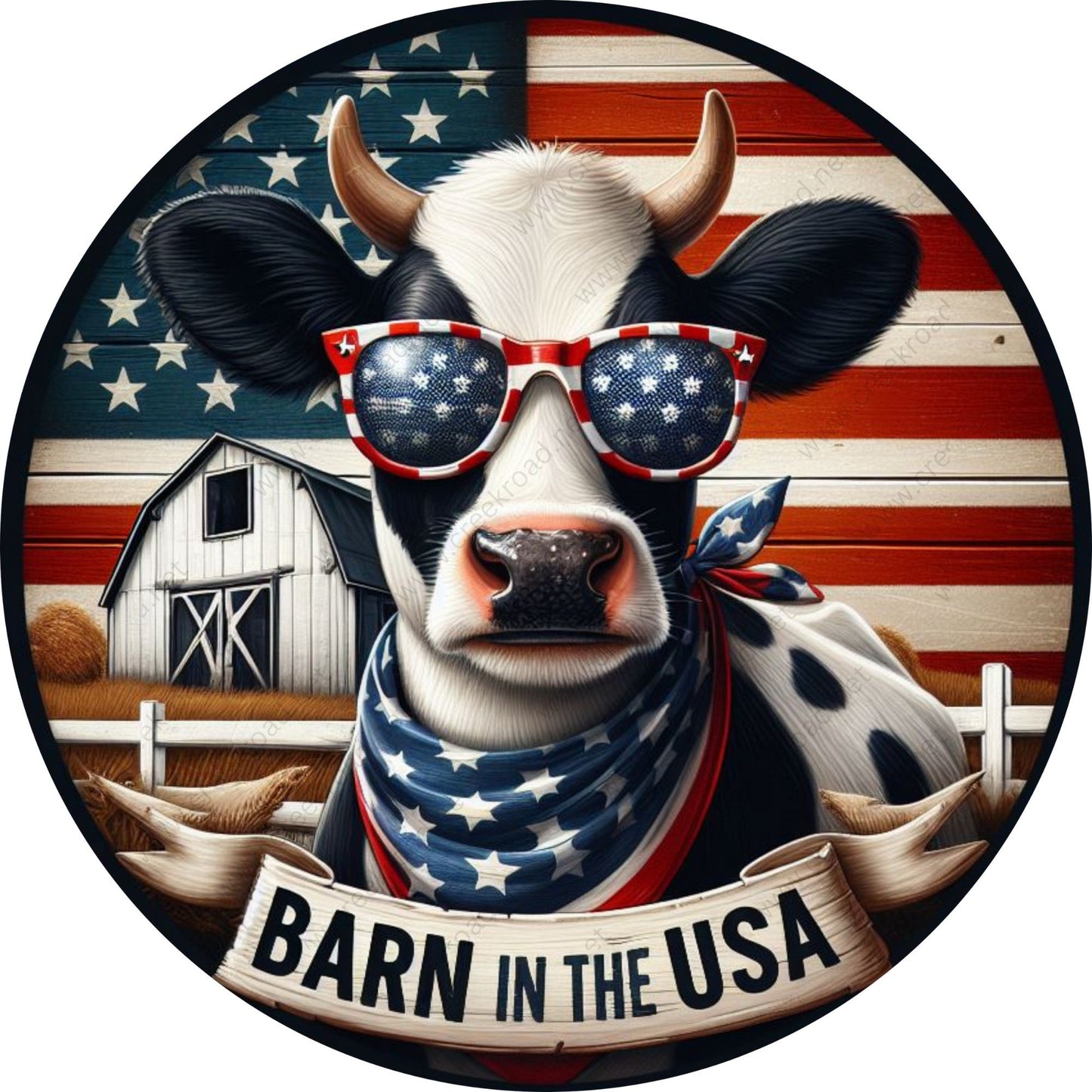 Patriotic Cow Barn In The USA Wreath Sign-Round-Sublimation-Aluminum-Attachment-Decor