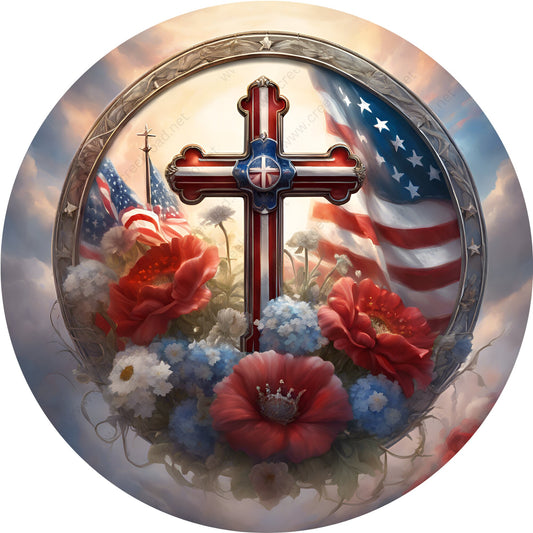 Patriotic Cross Flag Red Blue Flowers Wreath Sign-Round-Sublimation-Aluminum-Attachment-Decor