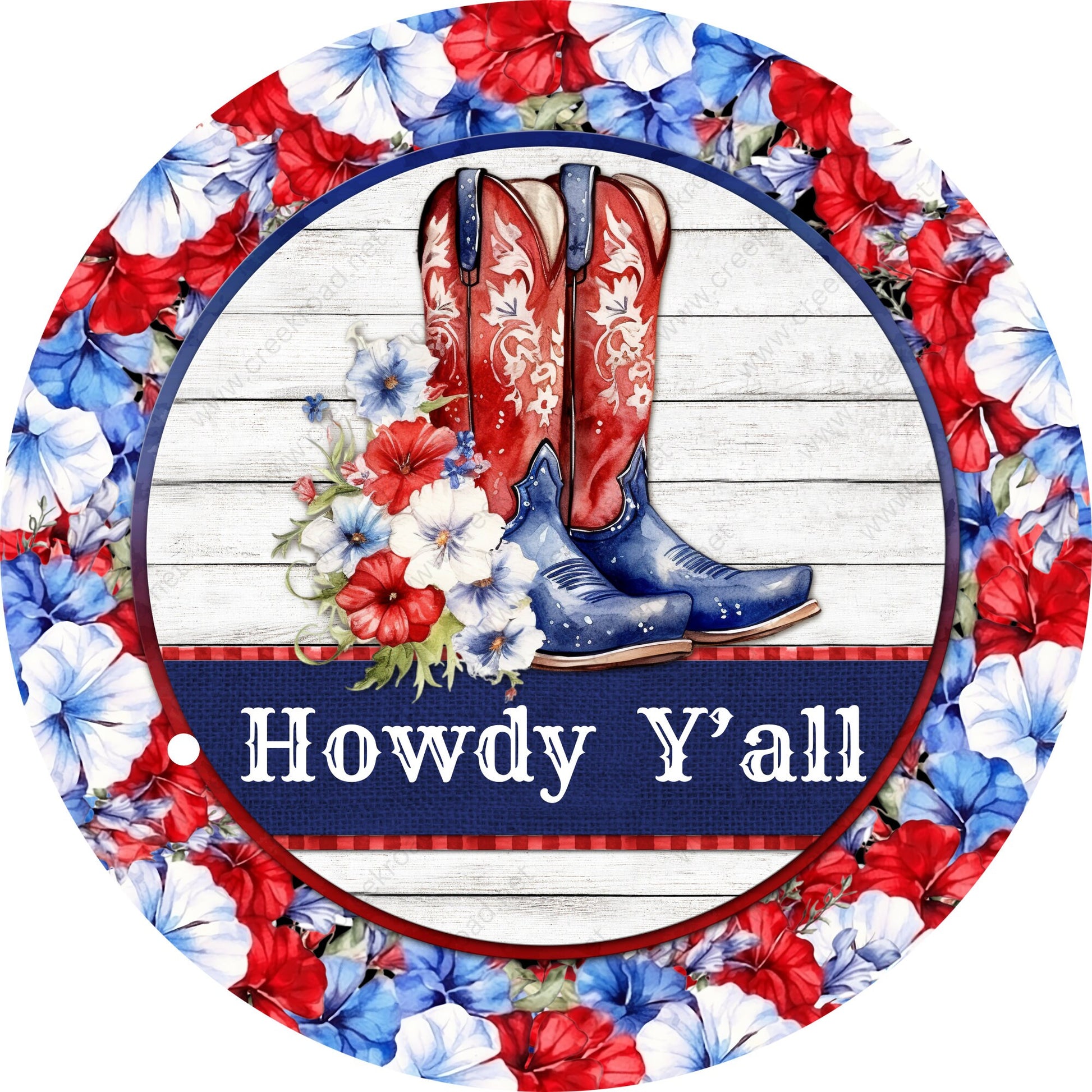 Howdy Y'all Patriotic Texas Boots Wreath Sign-Round-Sublimation-Aluminum-Attachment-Decor