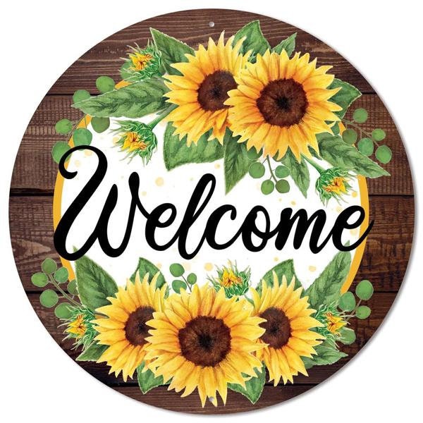 12"Dia Welcome W/Sunflower W/Wood Border-Metal-MD0878