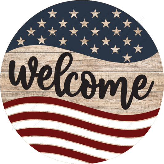 Patriotic Welcome American Flag (Navy Blue) Wreath Sign-Sublimation-Spring-Metal Sign