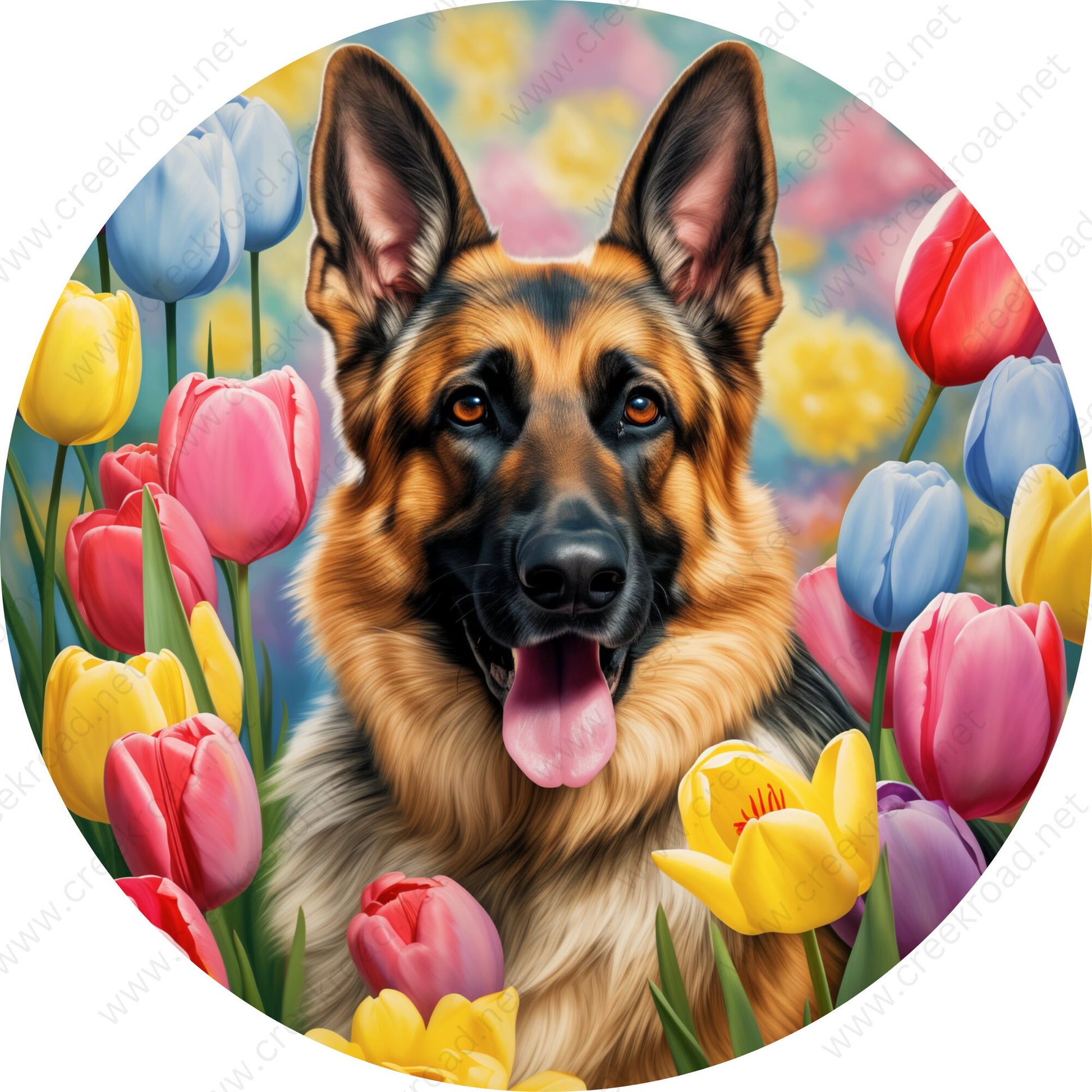 German Shepherd In Spring Tulips Wreath Sign-Round-Decor-Spring