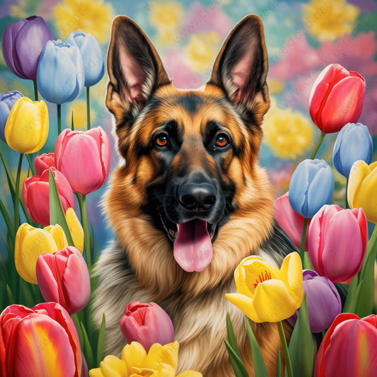 German Shepherd In Spring Tulips Wreath Sign-10"x10" Square-Decor-Spring