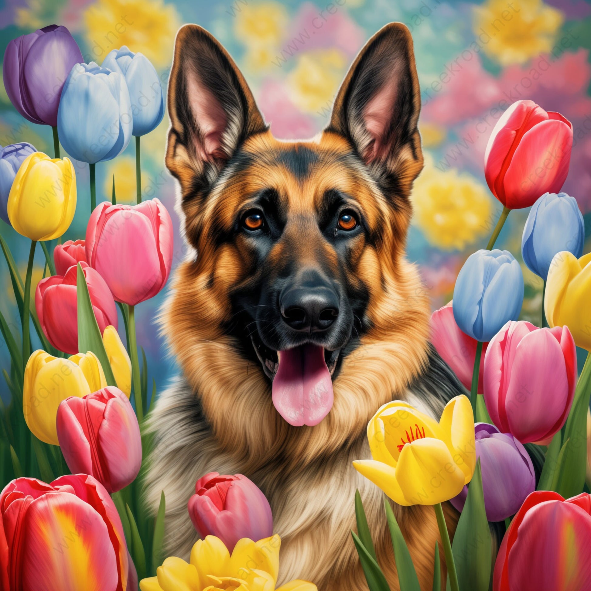 German Shepherd In Spring Tulips Wreath Sign-10"x10" Square-Decor-Spring