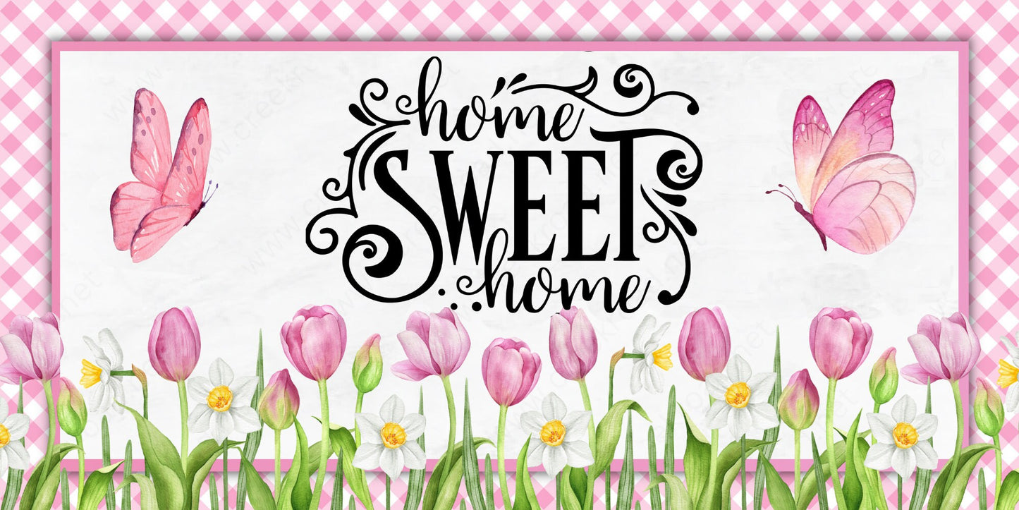 Home Sweet Home Pink Tulips Butterfly Wreath Sign-6"x12" Square-Decor-Spring