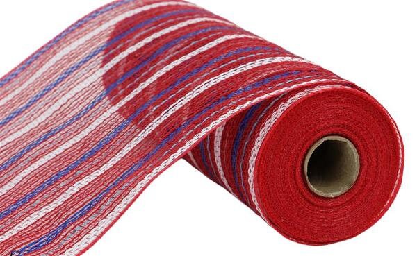 10.25" x 10yd Poly/Jute Matte Stripe Mesh-Red/Ryl/Wht/Ice Blue-RY8033CX