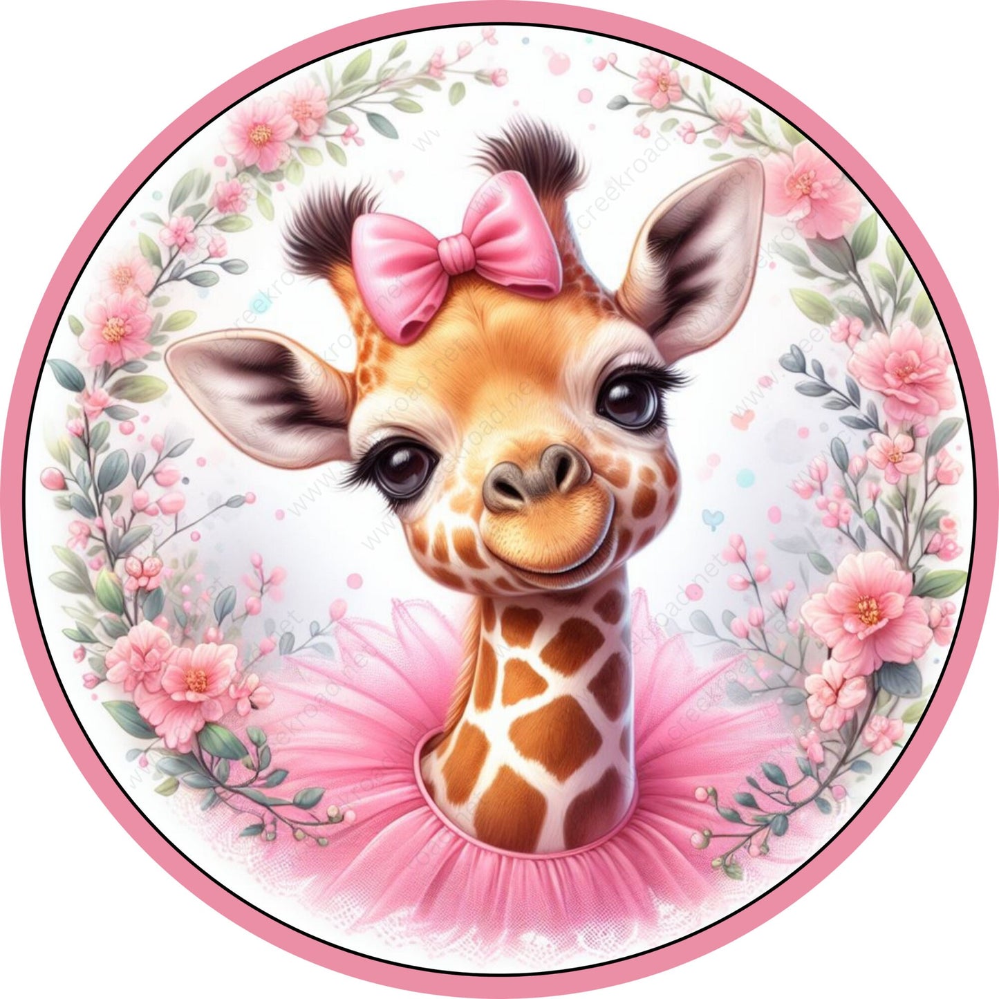 Spring Giraffe Pink Florals Bow Wreath Sign-Round-Decor-Miscellaneous-Baby Shower