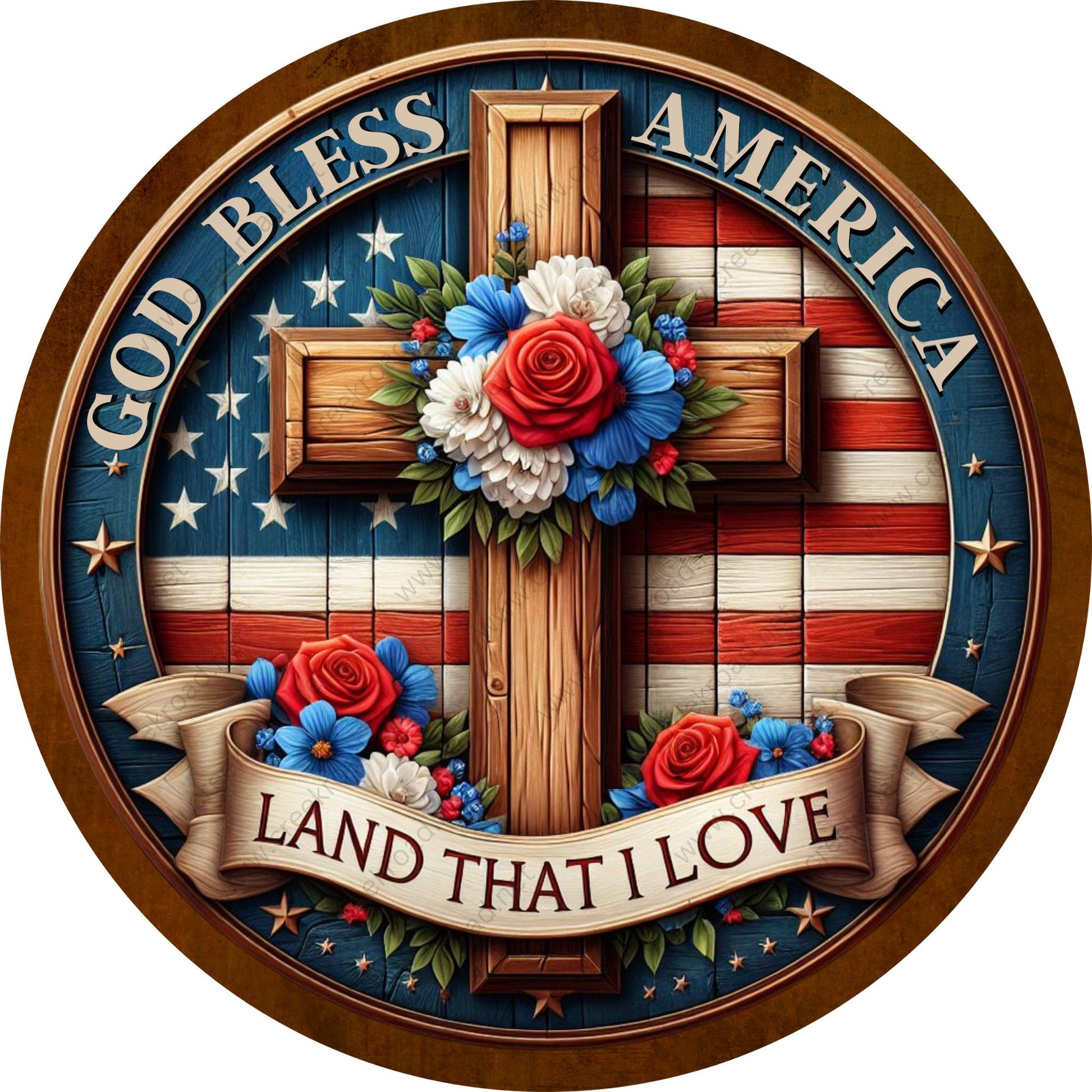 God Bless America Land That I Love Cross Flag Patriotic Wreath Sign-Round-Sublimation-Aluminum-Attachment-Decor