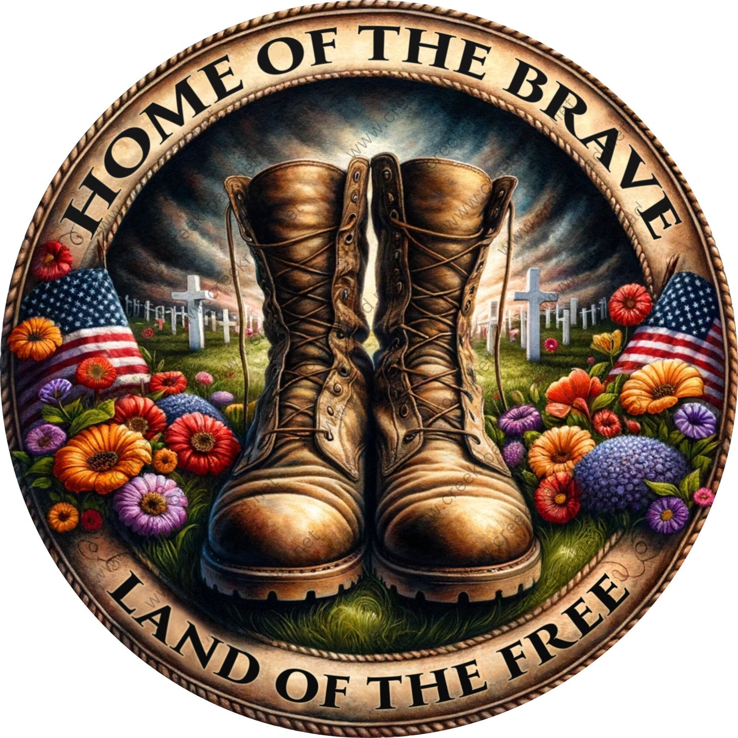 Home of the Brave Land of the Free Patriotic Wreath Sign-Round-Sublimation-Aluminum-Attachment-Decor