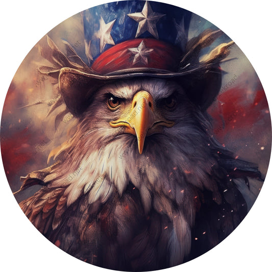 American Eagle in Uncle Sam Hat Patriotic Wreath Sign-Round-Sublimation-Aluminum-Attachment-Decor