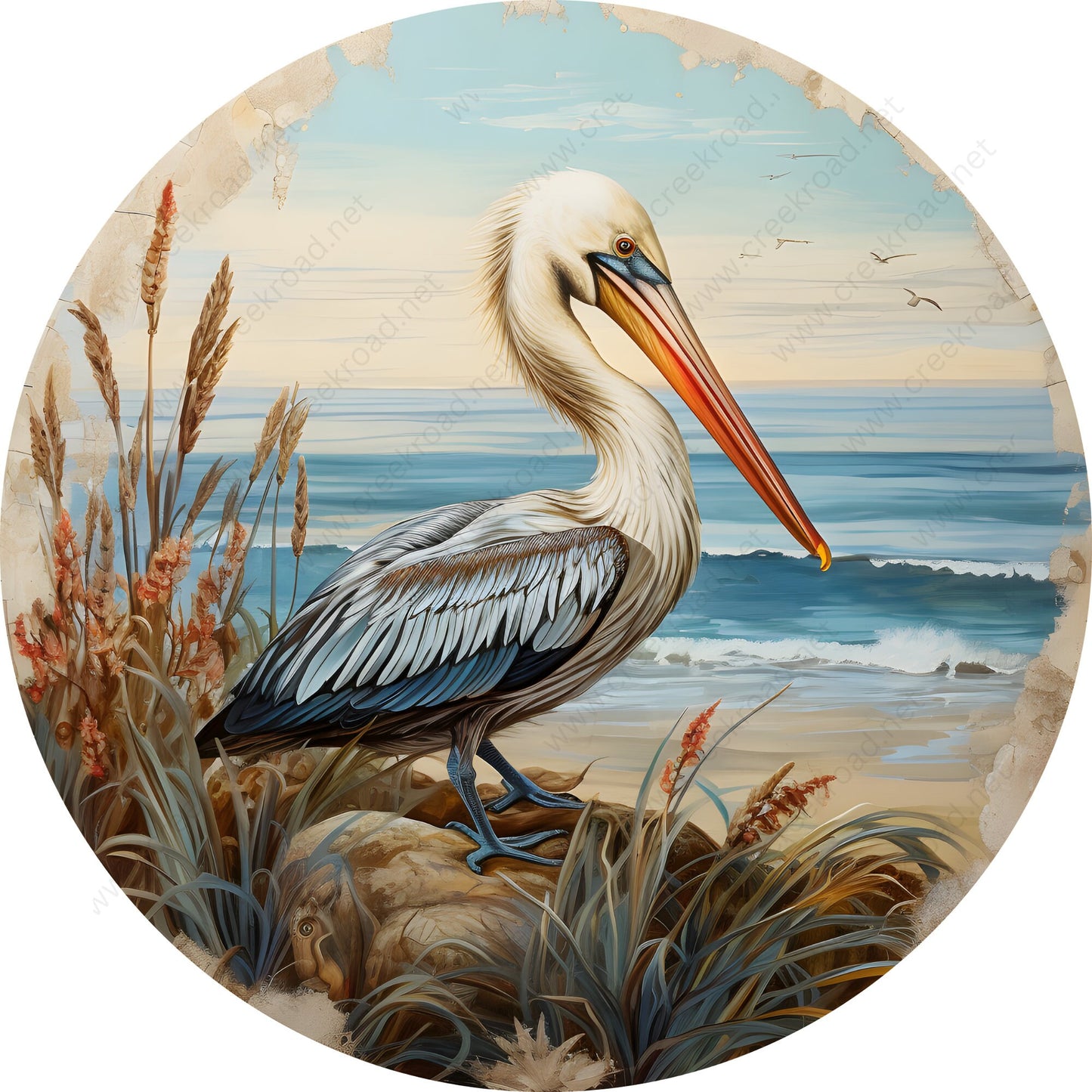 Pelican On The Beach Distressed Border Wreath Sign-Sublimation-Round-Beach-Decor