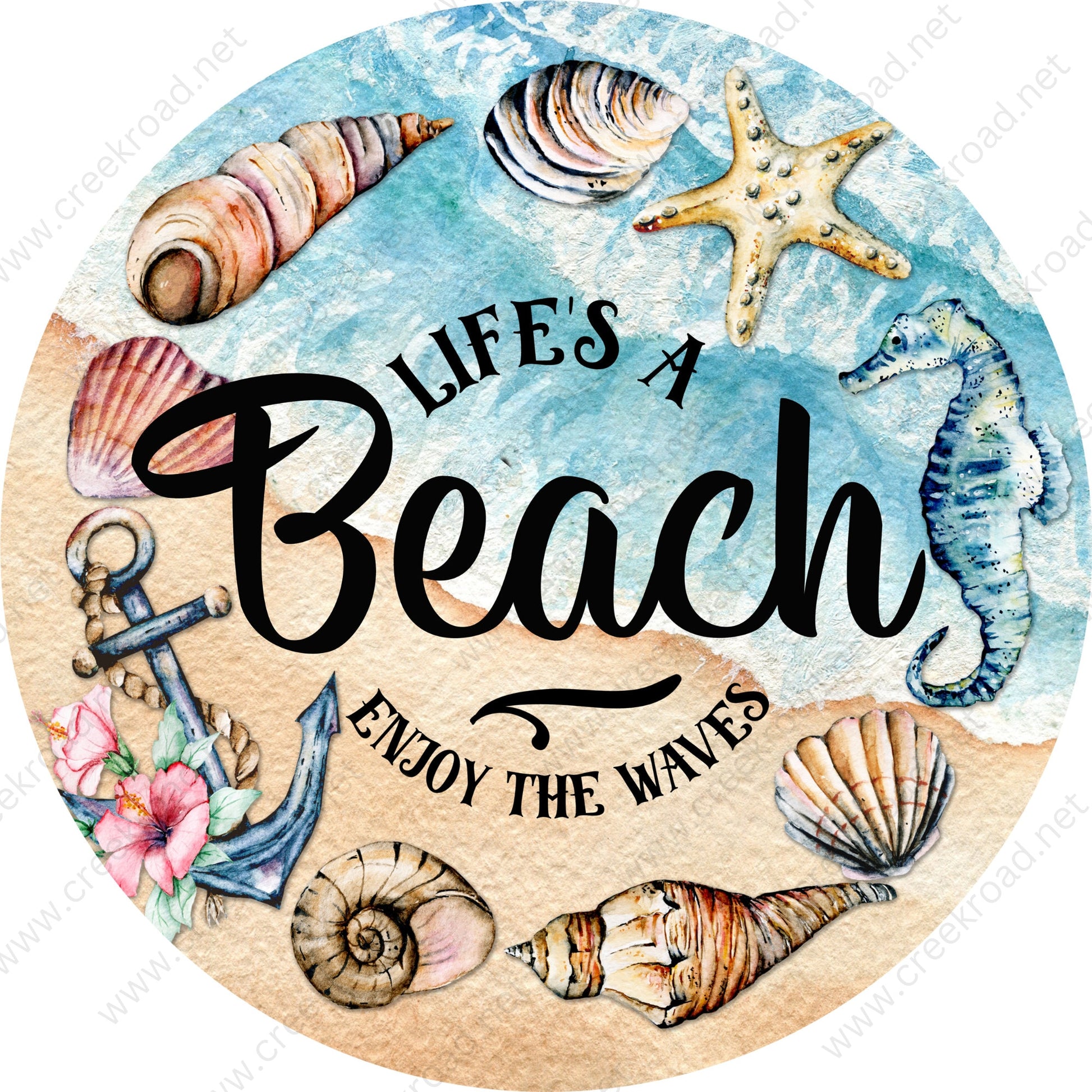 Life's A Beach Enjoy The Waves Wreath Sign-Sublimation-Round-Beach-Decor