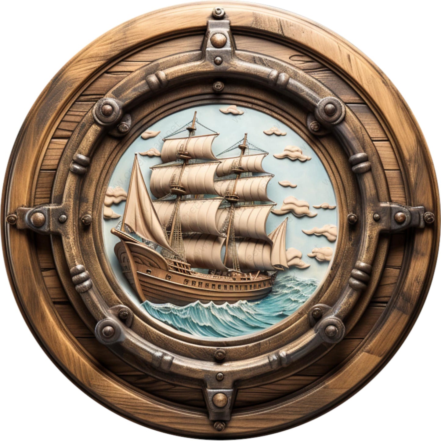 Pirate Ship Sailing Wood Porthole Wreath Sign-Sublimation-Round-Coastal-Not Real Wood-Aluminum Sign