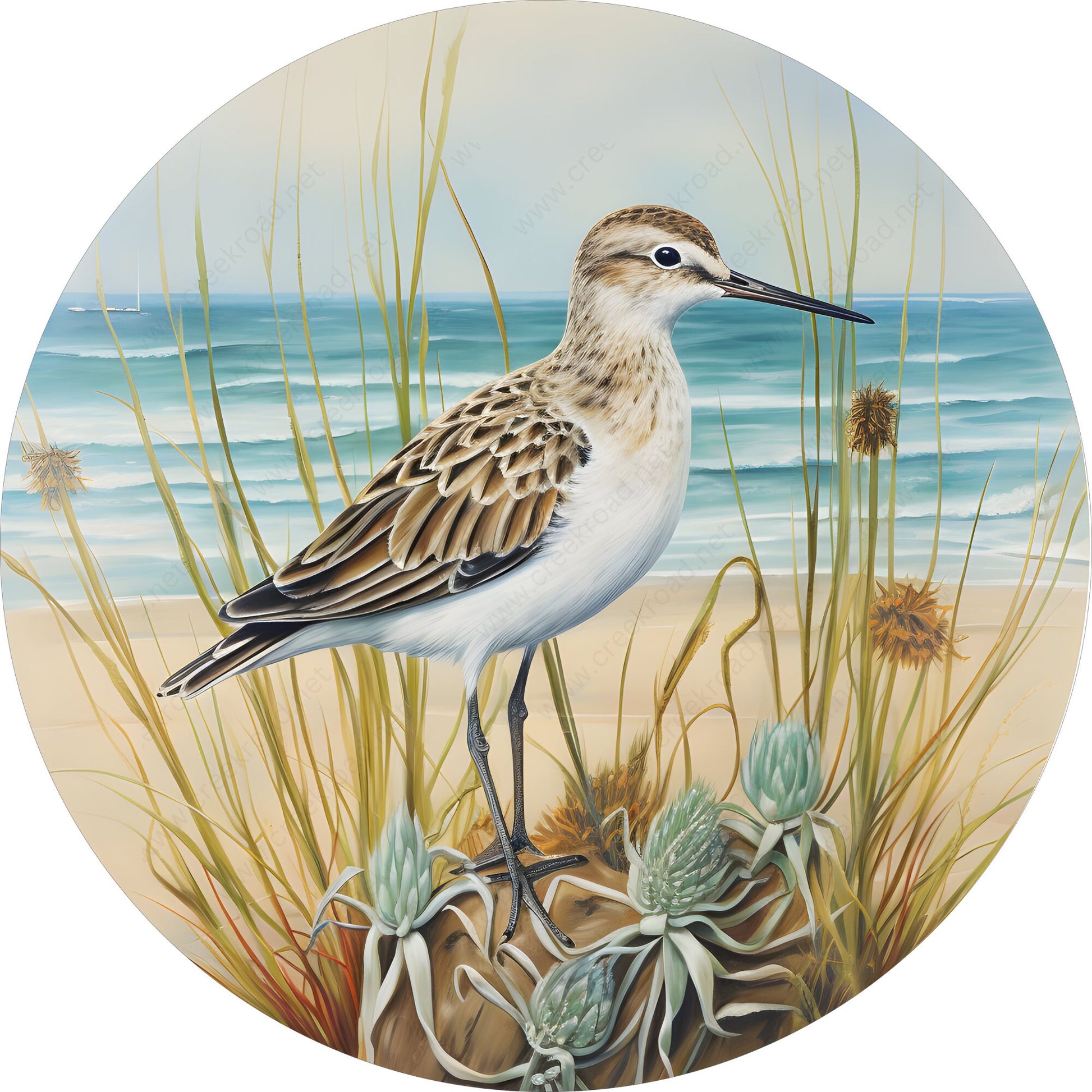 Sandpiper Bird On The Beach Wreath Sign-Sublimation-Round-Coastal-Aluminum Sign