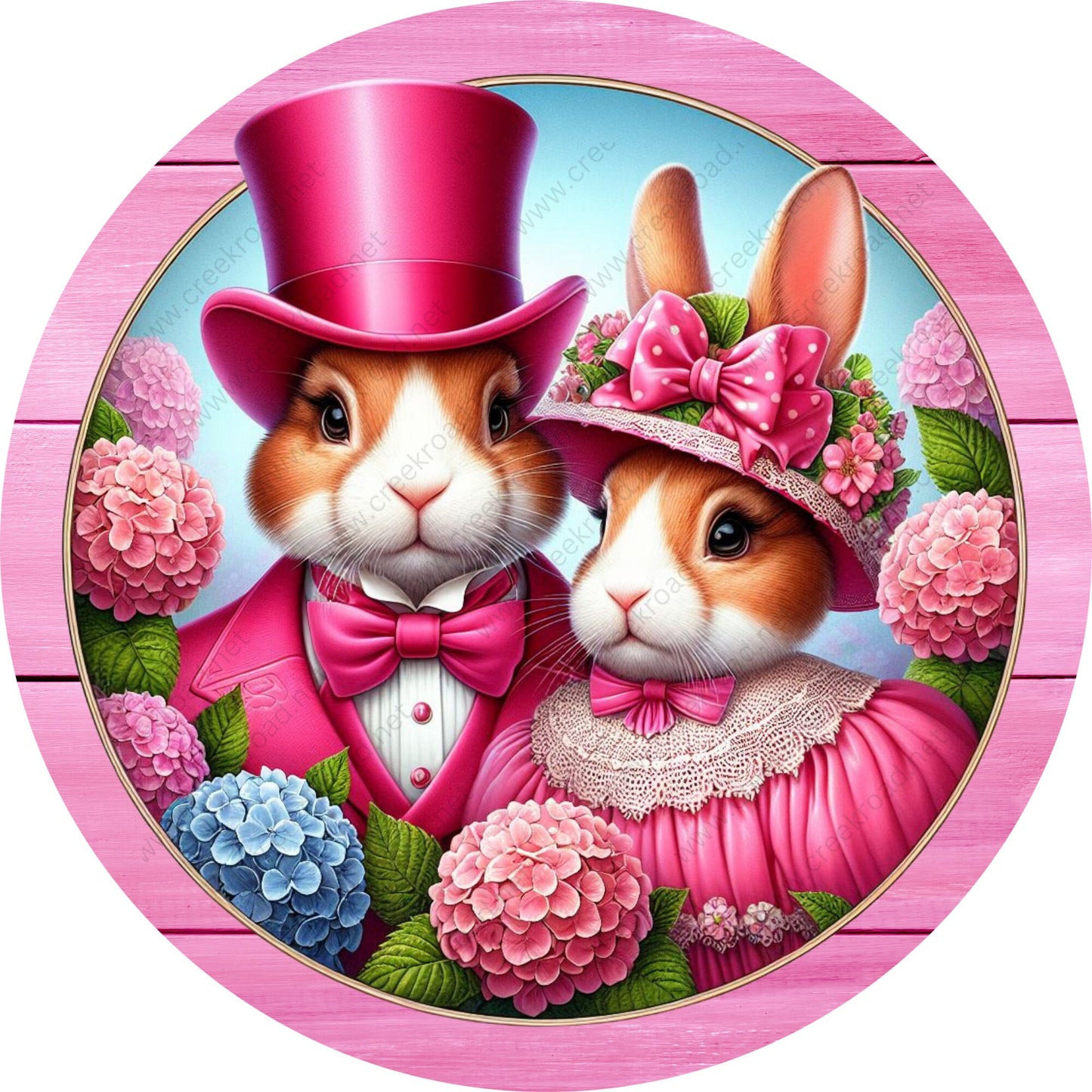 Vintage Rabbit Couple Dressed in Hot Pink Wreath Sign-Sublimation-Attachment-Decor