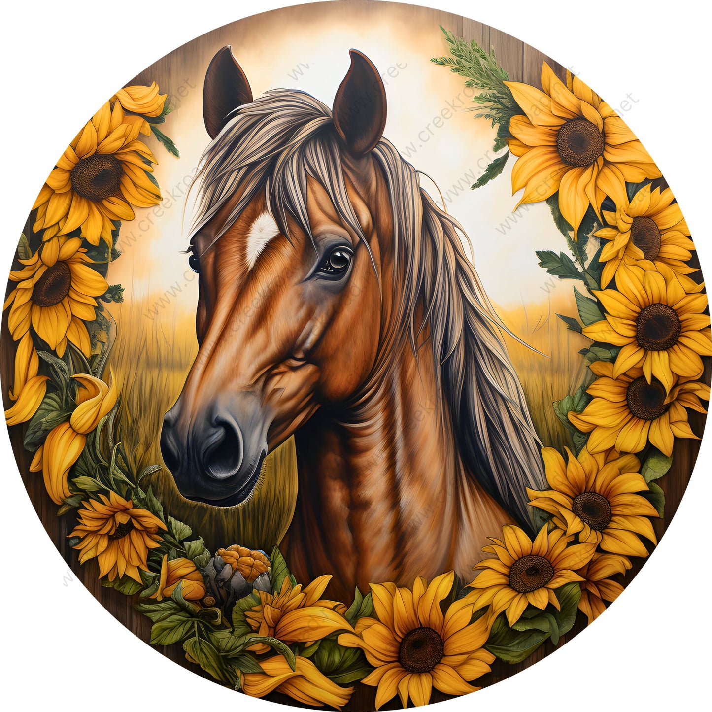 Brown Horse With Sunflowers Wreath Sign-Sublimation-Spring-Farm-Attachment-Decor