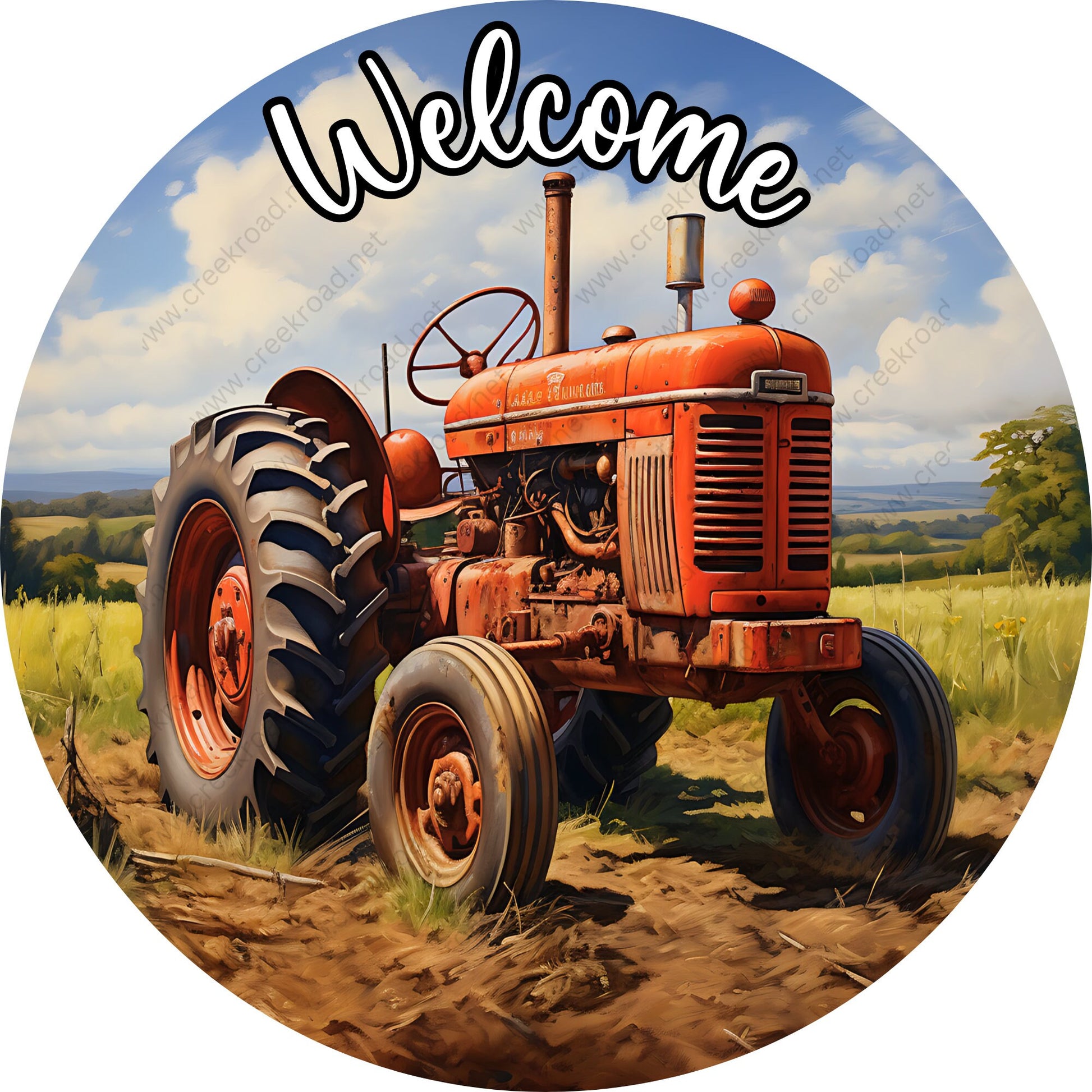 Welcome To The Farm Orange Tractor Wreath Sign-Aluminum-Valentines-Decor