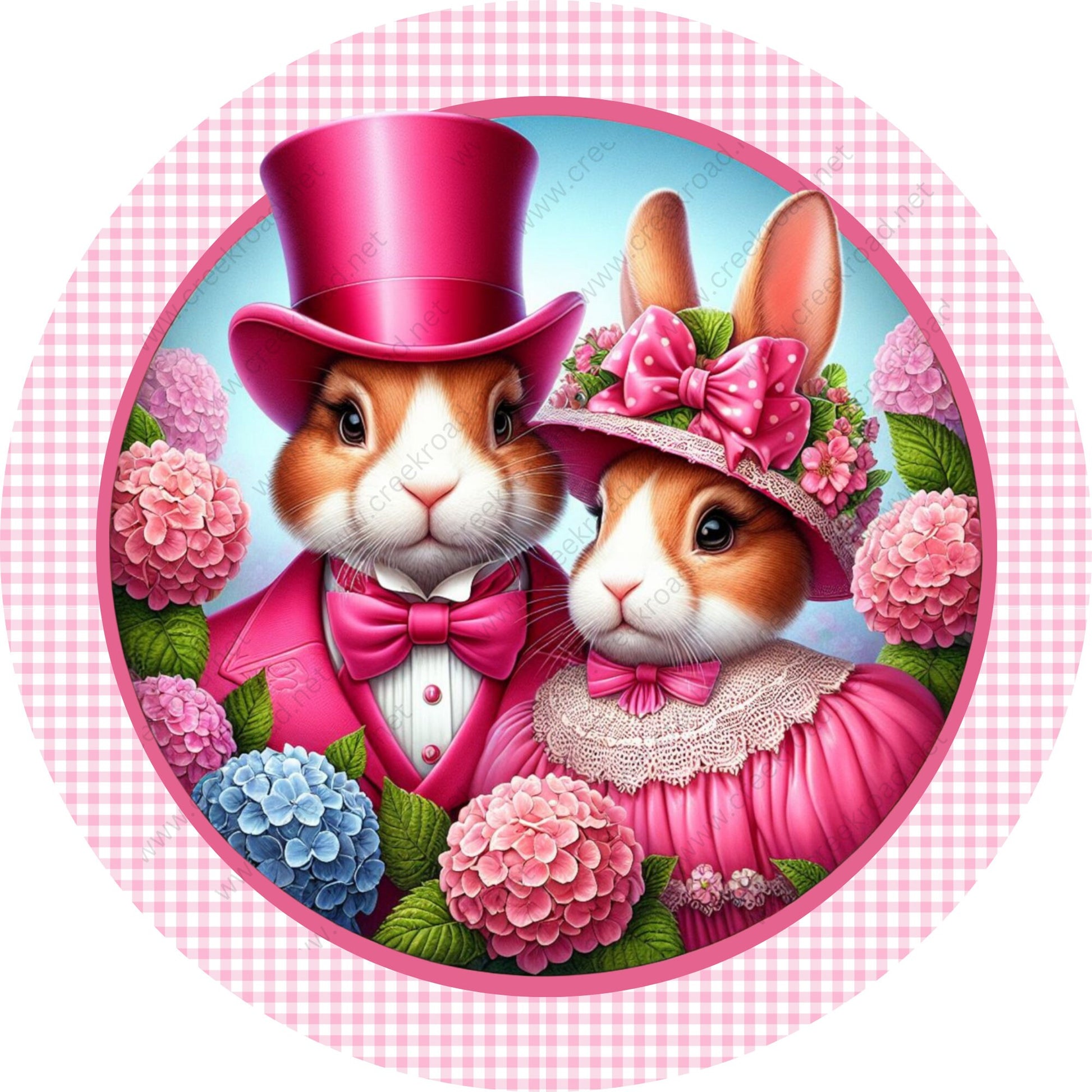 Vintage Rabbit Couple Dressed in Hot Pink Checkered Border Wreath Sign-Sublimation-Attachment-Decor