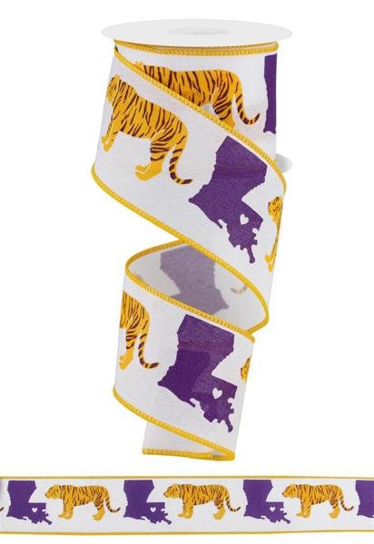 2.5" X 10Yd Wired Ribbon-Louisiana W/Tiger-RGE1949-Sports-Team-Football