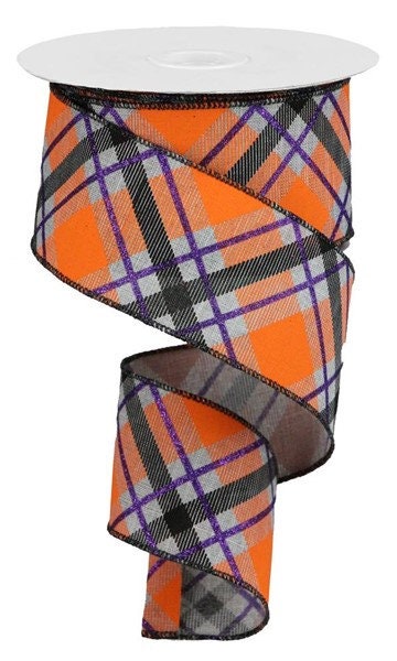 2.5" X 10Yd Wired-Glitter Plaid On Royal-Lt Grey/Purple/Orange-RGA120210-Seasonal-Halloween-Fall