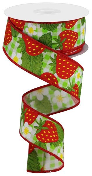 1.5" X 10Yd Wired-Strawberries On Woven Check-RGA1868RY-Seasonal-Spring-Summer