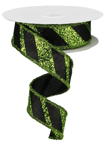 1.5" X 10Yd Wired-Giant Diagonal Lines/Tinsel-Black/Lime Green-RG8866YT-Seasonal-Halloween-Fall