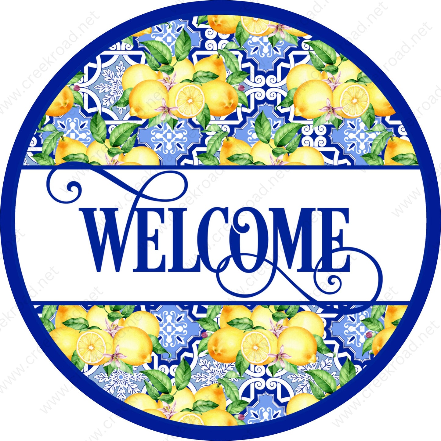 Welcome Lemon on Blue Spanish Pattern Background Wreath Sign Attachment-Sublimation-Round-Summer Spring Decor